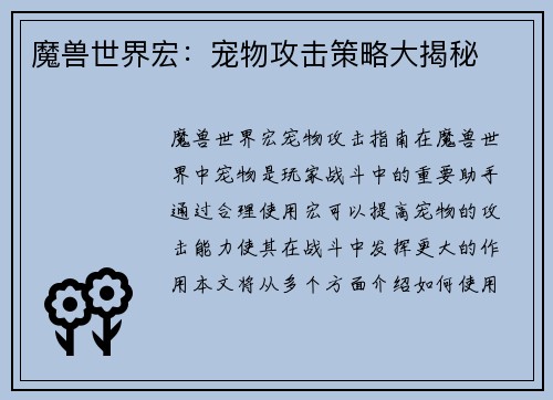 魔兽世界宏：宠物攻击策略大揭秘